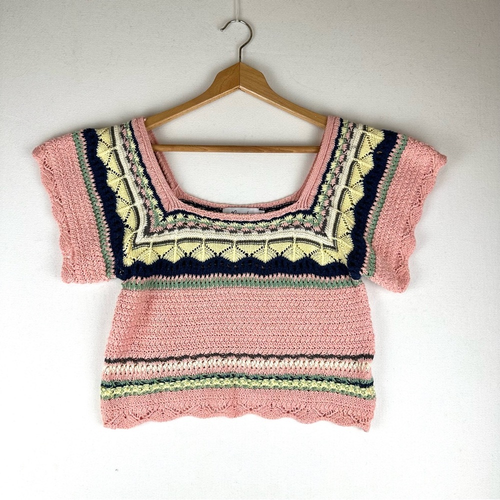 Miracle Crochet Short Sleeve Sweater Cropped Square Neck Boho Festival